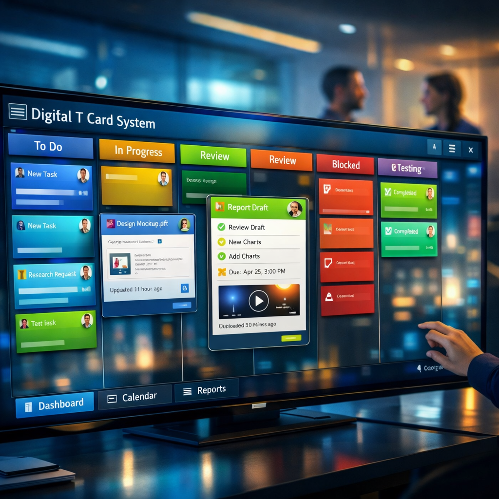 A high-resolution artistic image of a modern digital operations room: a wide touch-enabled display showing a colourful Digital T Card System board with multiple vertical lanes, each filled with distinct digital cards. Some cards are expanded to reveal attachments and timestamps; others show avatars of team members. Soft ambient lighting casts gentle reflections on the screen, while a blurred background suggests a collaborative office with colleagues discussing the board. The palette mixes cool blue and teal tones with bright accent colours on the cards, conveying clarity, speed and focus.