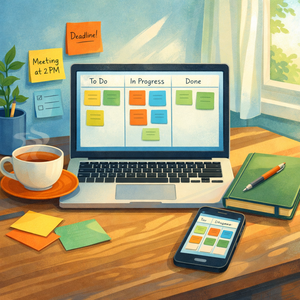A bright, editorial‑style illustration showing a tidy wooden desk with a laptop open to a colourful kanban board. Around the laptop are sticky notes, a cup of tea, a neat notebook with a pen, and a phone displaying a compact scrum board. Soft daylight streams through a nearby window, casting gentle shadows; the colours are calm blues and greens with warm accent oranges, conveying simplicity, focus and pleasant everyday productivity.