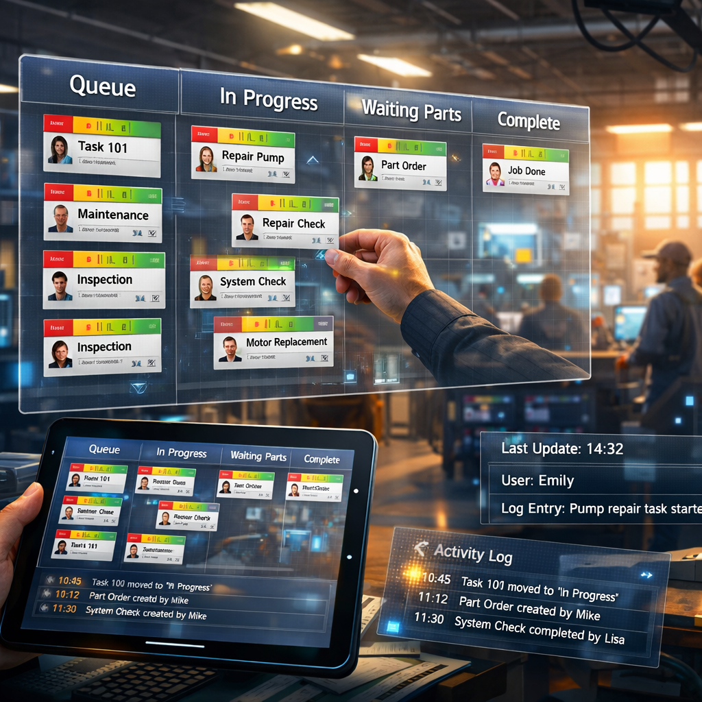 A vivid, stylised digital illustration showing a large, semi-transparent virtual T card board floating in a modern industrial control room. Each digital T card has clear typed fields, coloured priority tabs and small avatars for owners. Soft light filters through windows, reflecting off touchscreens where technicians drag cards between rails labelled 'Queue', 'In Progress', 'Waiting Parts' and 'Complete'. In the foreground, a tablet mirrors the board, emphasising mobile access; subtle data overlays show timestamps and an activity log, while the background suggests a busy workshop through blurred silhouettes of machinery and staff.