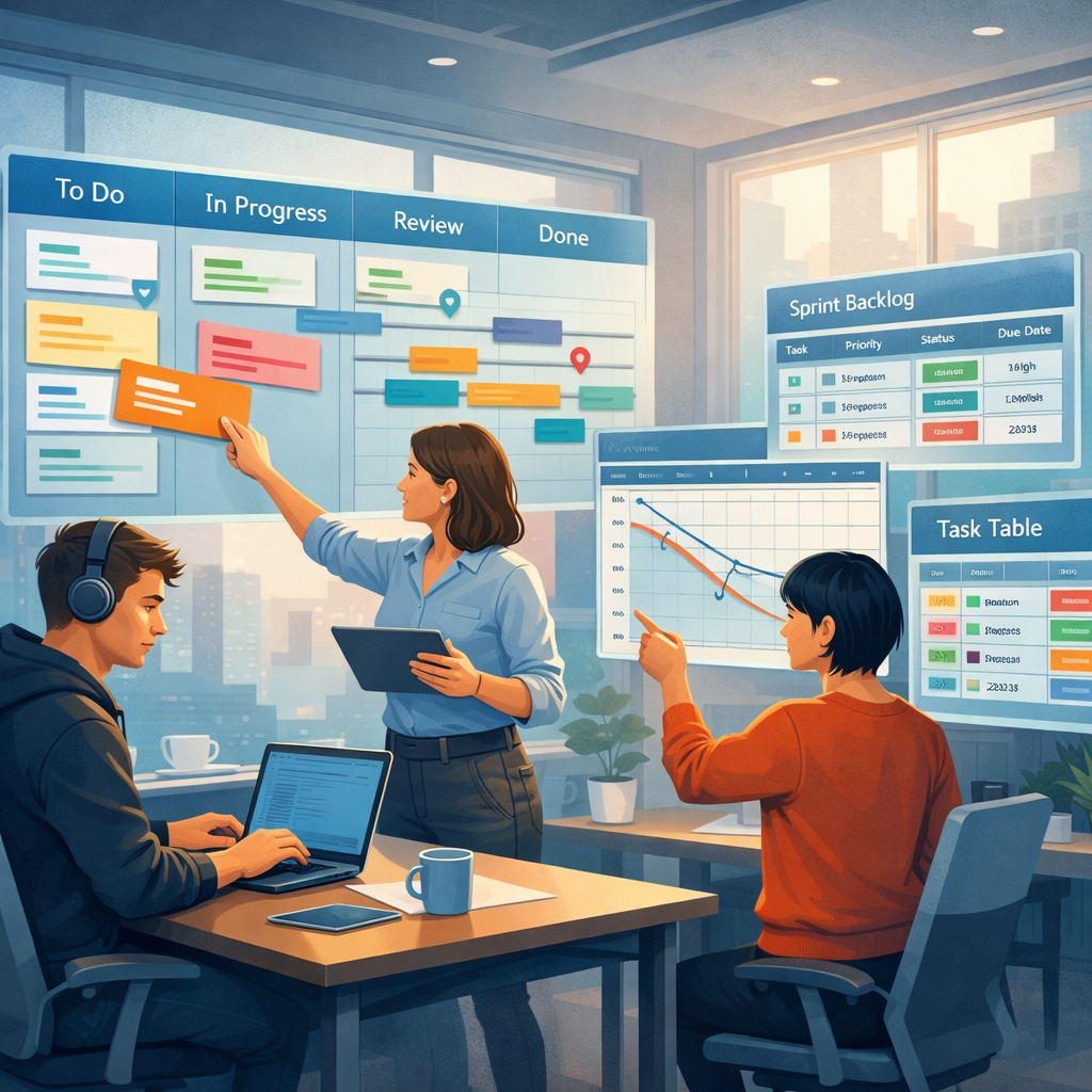 A cinematic, high-resolution illustration showing a modern, well-lit workspace with multiple floating digital boards arranged like windows in the air. Each board displays a different project management view—colourful Kanban cards mid-swipe, a Gantt-style timeline with connected milestones, a sprint backlog with burndown graph, and a compact task table. Diverse team members (a developer with a laptop, a project manager with a tablet, and a designer reviewing cards) interact with the boards using gestures. The scene uses a soft palette of blues and teals with accent colours for cards, conveying clarity and collaborative energy. Subtle UI hints reference Trello-like cards but remain generic to represent 'alternatives' rather than any single product.
