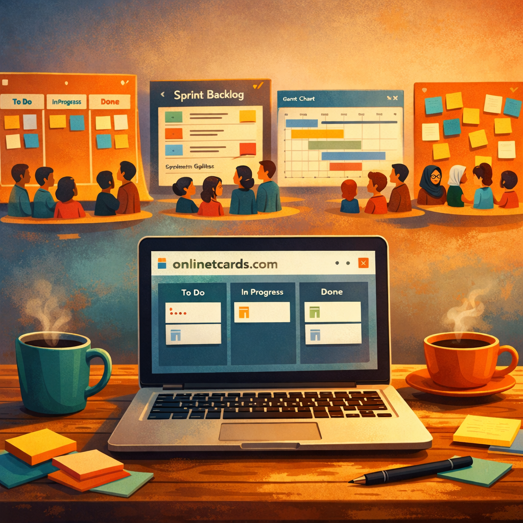 An artistic digital illustration showing a row of distinct, brightly coloured project boards floating above a communal wooden table. Each board features different layouts—Kanban cards, sprint backlogs, Gantt timelines—and small avatars clustered around them to represent diverse teams. In the foreground, a laptop screen displays a minimalist interface labelled 'onlinetcards.com', with gentle light illuminating sticky notes and coffee cups nearby. The palette uses warm oranges and teal blues, with soft shadows that give the scene a collaborative, creative atmosphere.