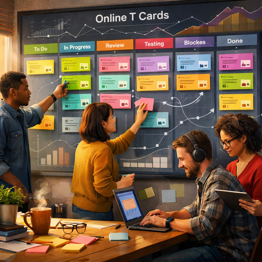 A richly detailed artistic scene of a modern workspace: a large digital wall display showing a colourful Online T Cards board with multiple columns and cards in various colours, each card annotated with icons for comments, attachments and due dates. In the foreground, a diverse team of four collaborate—one person gestures at the screen, another types on a laptop, a third places a virtual sticker on a card, and the fourth consults a tablet. Soft natural light from a window highlights sticky notes and a coffee cup on the desk, while faint diagrams and flow arrows overlay the board to suggest metrics and cumulative flow. The overall mood is focused, organised and collaborative, blending analogue warmth with crisp digital interfaces.