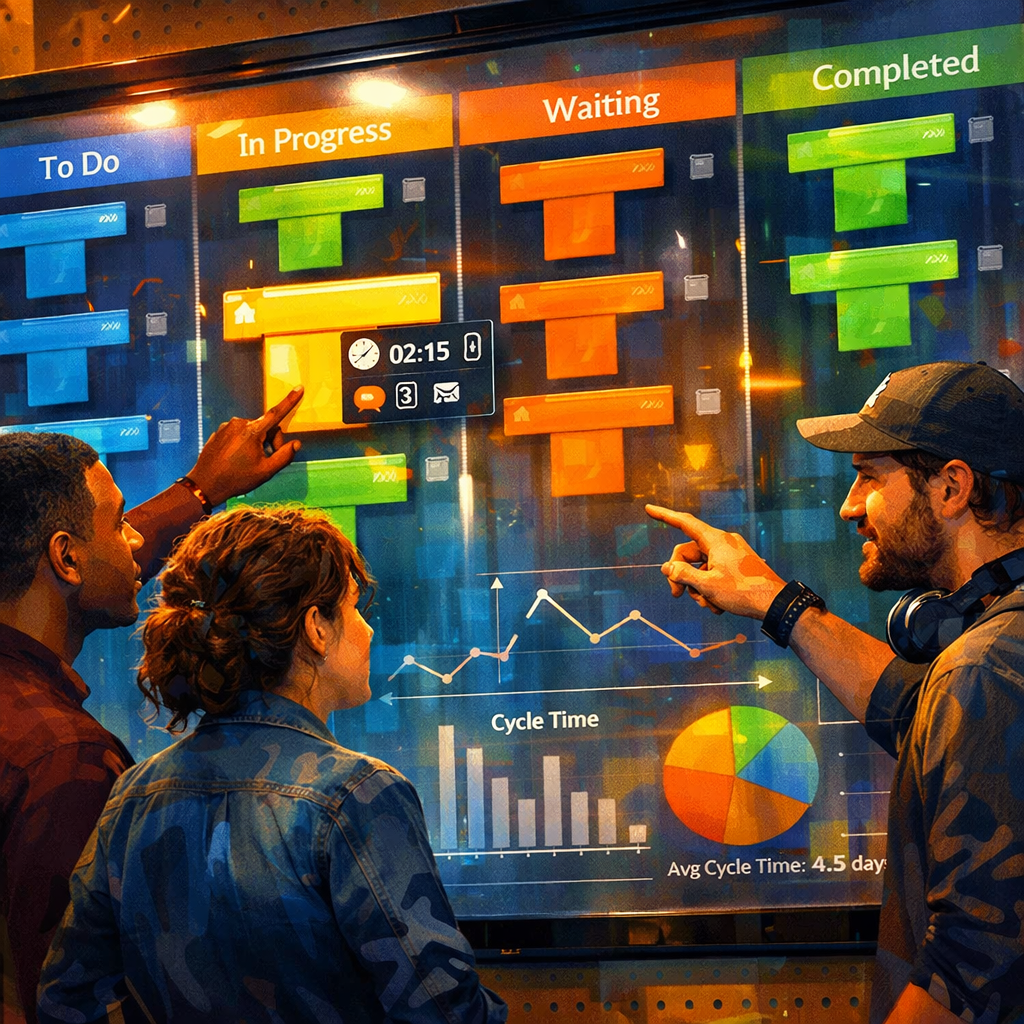 A richly coloured, artistic depiction of a Digital T Card System on a large wall-mounted touchscreen: rows of virtual T-shaped cards in bright blues, greens and oranges slide between columns labelled 'To Do', 'In Progress', 'Waiting' and 'Completed'. Light reflects off the glass surface, and small animated icons indicate comments, attachments and timers. In the foreground, a diverse small team points and discusses a highlighted card, while a faint overlay shows charts and cycle-time metrics. The scene blends the tactile familiarity of a workshop pegboard with modern UI elements—drag handles, avatars and subtle shadows—conveying speed, clarity and collaborative focus.
