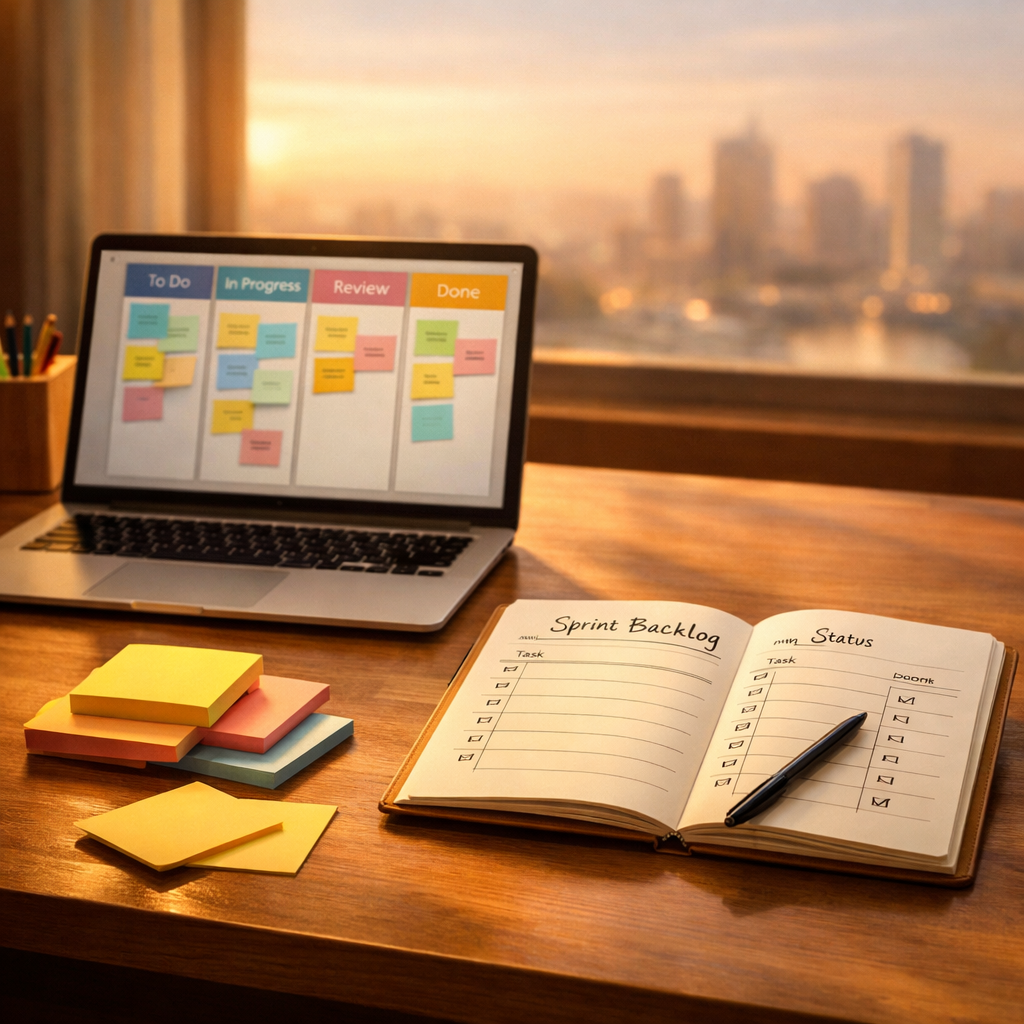 An artistic, sunlit workspace scene showing a wooden desk with a laptop displaying a colourful kanban board, sticky notes neatly arranged nearby and a slim paper notebook open to a sprint backlog. Soft shadows fall across the desk; a blurred window in the background reveals a calm city skyline at dawn. The composition uses warm tones, clear lines and a shallow depth of field to evoke clarity, focus and the simplicity of effective project management.