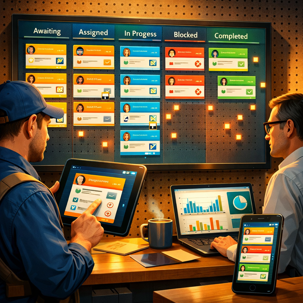 A vibrant, detailed illustration of a large digital control board displayed across multiple devices: a wall‑mounted high‑resolution screen, a tablet and a smartphone. The board shows rows of colourful T‑style cards with headings, owner avatars, timestamps and small icons for attachments and checklists. Cards move between clear lanes labelled Awaiting, Assigned, In Progress, Blocked and Completed. The scene includes a maintenance technician tapping a card on the tablet, a manager observing analytics charts in the corner, and soft ambient light that emphasises the contrast between the physical pegboard shadows in the background and the crisp digital interface in the foreground. The image palette is warm with teal and amber highlights, conveying energy and organised motion.