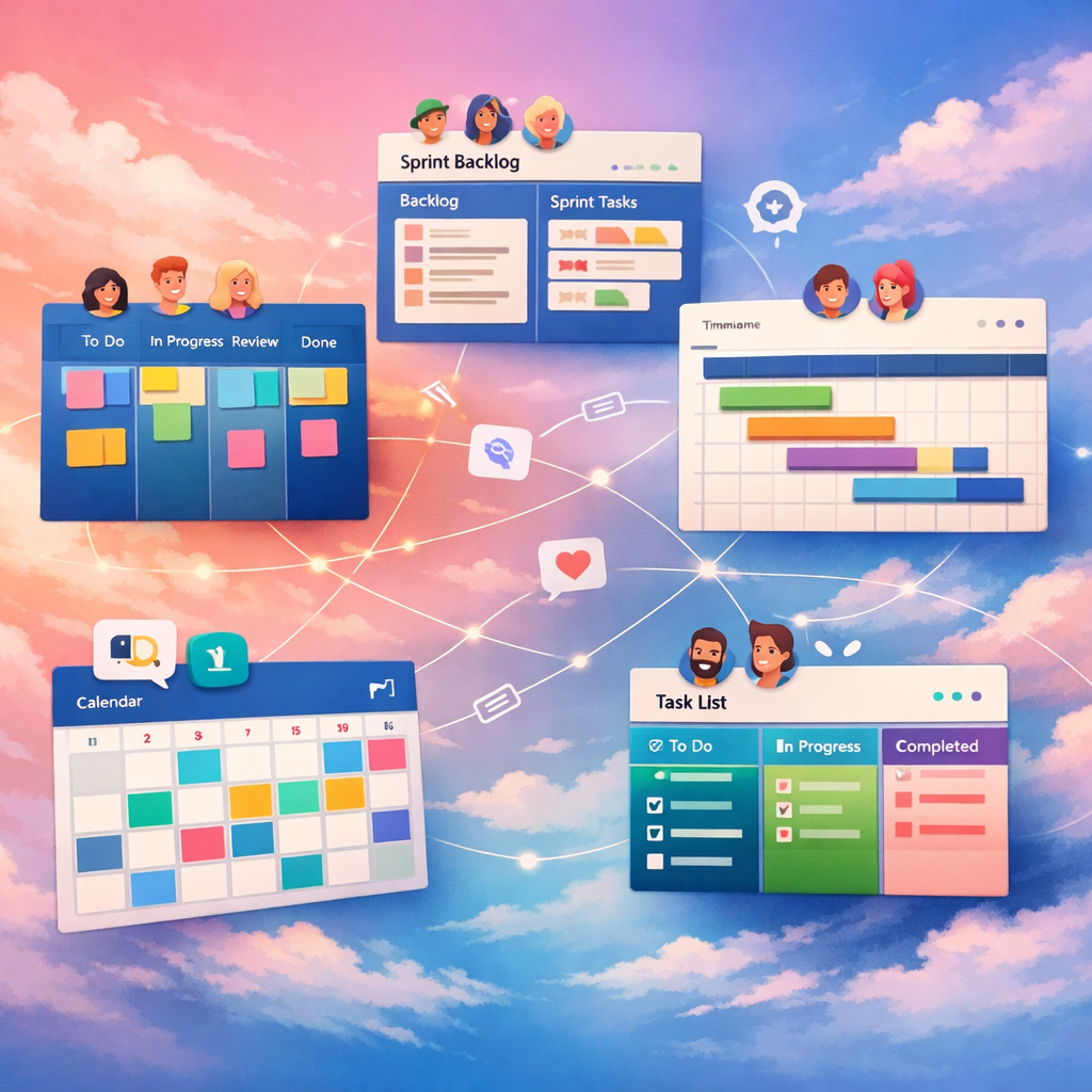 An artistic, high‑contrast digital illustration showing a variety of project boards floating like cards in a soft gradient sky. Each board displays distinct styles—kanban columns, sprint backlogs, timeline bars and calendar tiles—rendered in complementary colours. Tiny avatars and icons hover above cards to indicate collaboration; thin connector lines suggest integrations between boards. The scene evokes clarity and choice, emphasising the comparison between different Trello Alternatives and the idea of teams selecting the best board for their workflow.