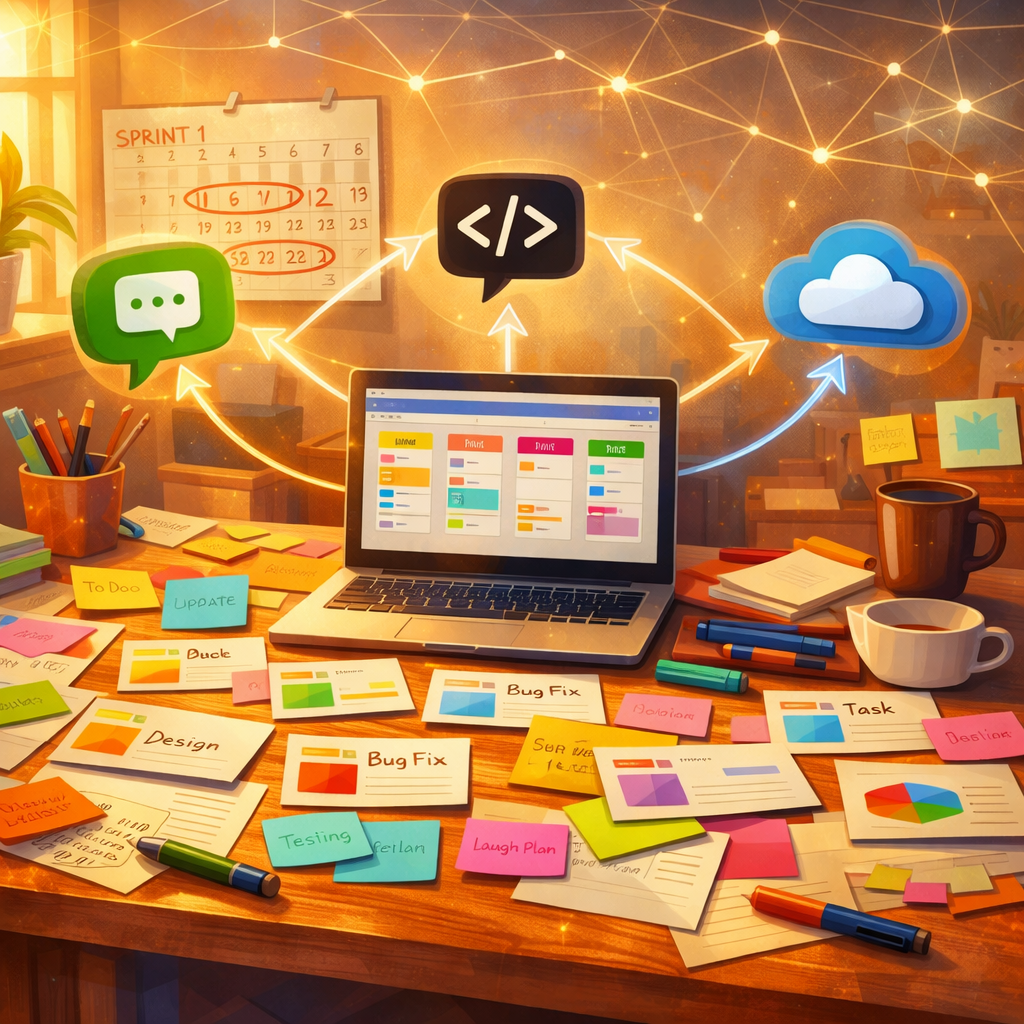 A vibrant, artistic workspace illustration: a wide desk scattered with colourful project cards and sticky notes, a laptop screen showing a kanban board, a calendar on the wall marked with sprint dates, and translucent arrows linking cards to icons representing integrations (chat, code, cloud). The scene is bathed in warm morning light, with a subtle overlay of network lines suggesting collaboration and connectivity, evoking the choice and movement between different Favro alternatives.