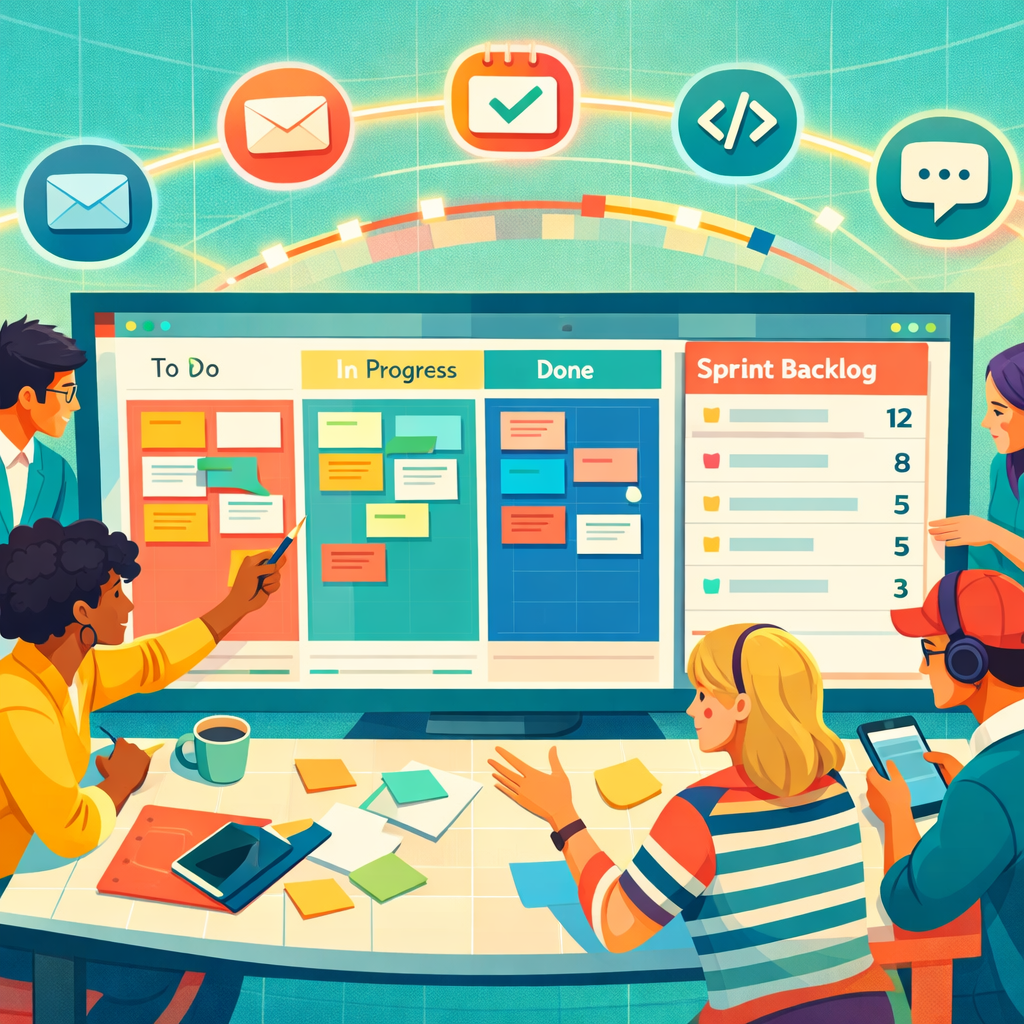 A bright, modern illustration of a collaborative workspace viewed from above: diverse team members gather around a large digital screen displaying multiple project boards. One board shows colourful kanban columns with cards shifting between columns, another displays a sprint backlog with story points, and a timeline view arcs across the top. Floating icons represent integrations—email, calendar, code repository and chat—connected by thin glowing lines. The palette is energetic teal, coral and lemon, with soft shadows and subtle gridlines suggesting structure and motion, conveying the idea of multiple Monday alternatives working harmoniously.