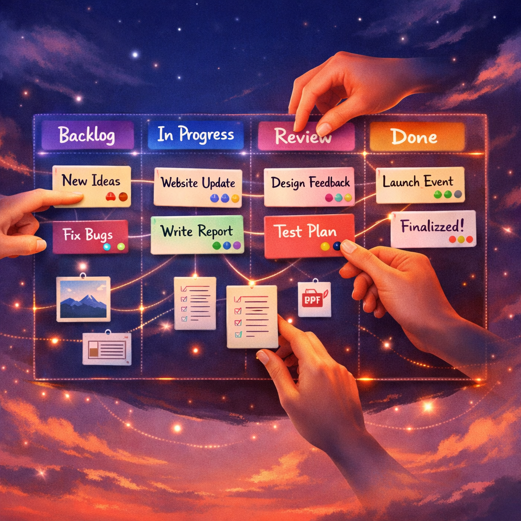 A vivid, artistic illustration of a digital Kanban board floating in mid‑air against a soft twilight sky. Each Online T Card appears as a small glowing rectangle with handwritten‑style titles, coloured tags and miniature avatar dots. Fingers from different directions reach in to drag cards between illuminated columns labelled Backlog, In Progress, Review and Done. Thin translucent lines connect cards to floating attachments — images, documents and checklists — while subtle motion blur suggests active collaboration. The palette mixes deep indigo with warm coral highlights, conveying focus and energy, and tiny particles of light suggest instantaneous updates travelling between collaborators.