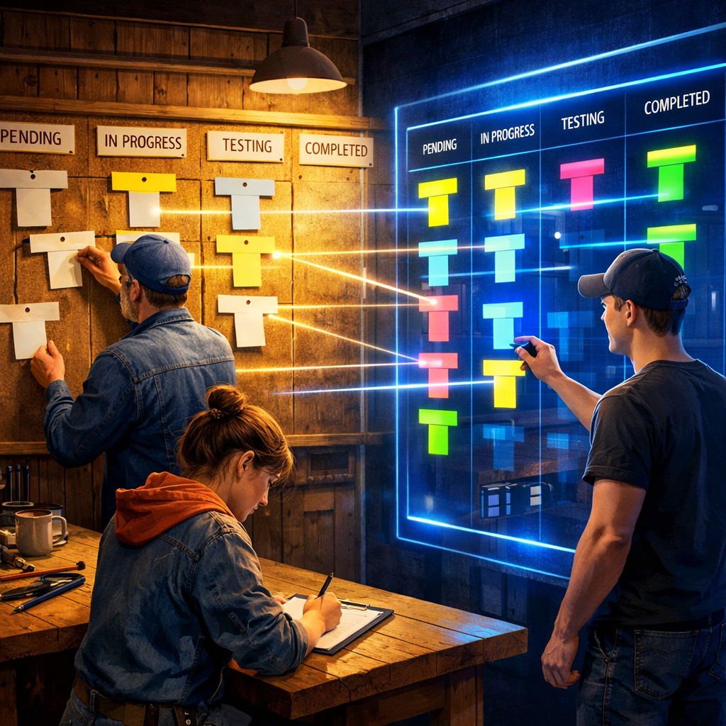 An artistic, high-resolution illustration showing a hybrid analogue-digital workspace: a tactile wooden workshop table on the left with traditional T-shaped paper cards pinned to a board, and on the right a luminous translucent touchscreen displaying a Digital T Card System with colourful lanes and cards. The scene blends warm natural textures with cool neon UI elements; technicians in casual workwear interact with both the paper and the screen, while subtle lines of light connect matching cards across the analogue and digital sides, symbolising continuity and data flow. The palette mixes deep blues and warm ochres, with crisp reflections on the touchscreen and soft shadowing to give a realistic, inviting atmosphere.