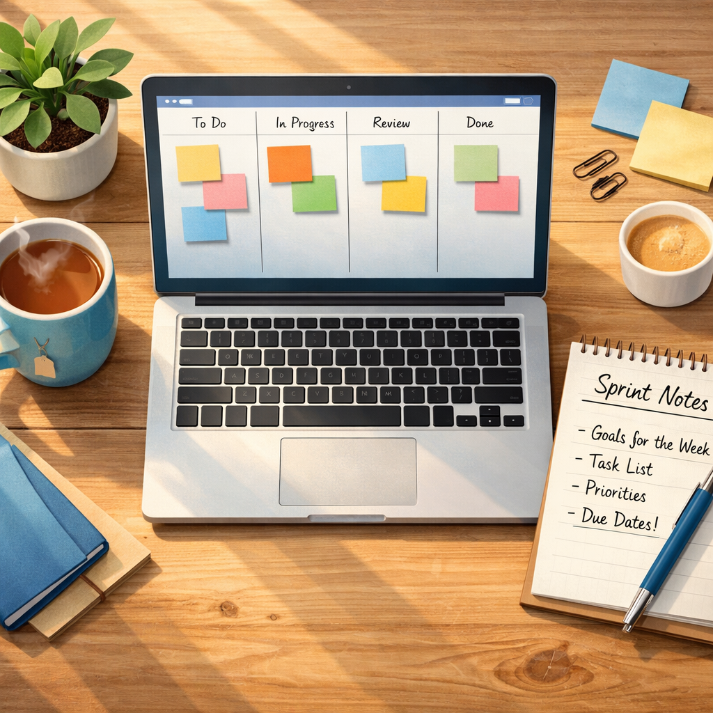 An artistic, high-resolution illustration of a tidy workspace seen from above: a wooden desk with a laptop showing a clean kanban board, colourful task cards neatly arranged in columns, a steaming mug of tea, a notepad with handwritten sprint notes and a small potted plant. Soft natural light falls across the scene, casting gentle shadows; the colour palette uses calming blues and warm neutrals to convey clarity and focus. The image emphasises simplicity, organisation and collaborative energy, suitable for an article about easy-to-use project management tools.