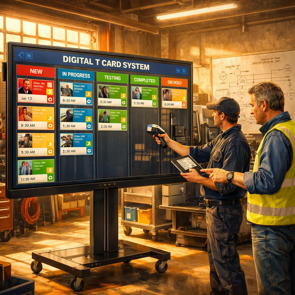 A high-resolution, stylised image of a sunlit industrial workshop. In the foreground, a large digital touchscreen mounted on a wheeled stand displays a colourful Digital T Card System: multiple vertical lanes with draggable cards showing photos, icons, timestamps and operator initials. Nearby, a technician with a tablet scans a barcode on a machine, while a supervisor points at the screen. The background shows neatly organised tools, a maintenance trolley and a whiteboard with sketched process flows. The palette is warm with natural light, emphasising clarity and collaborative activity; UI elements on the screen use bold blues, greens and amber to denote status and priority.