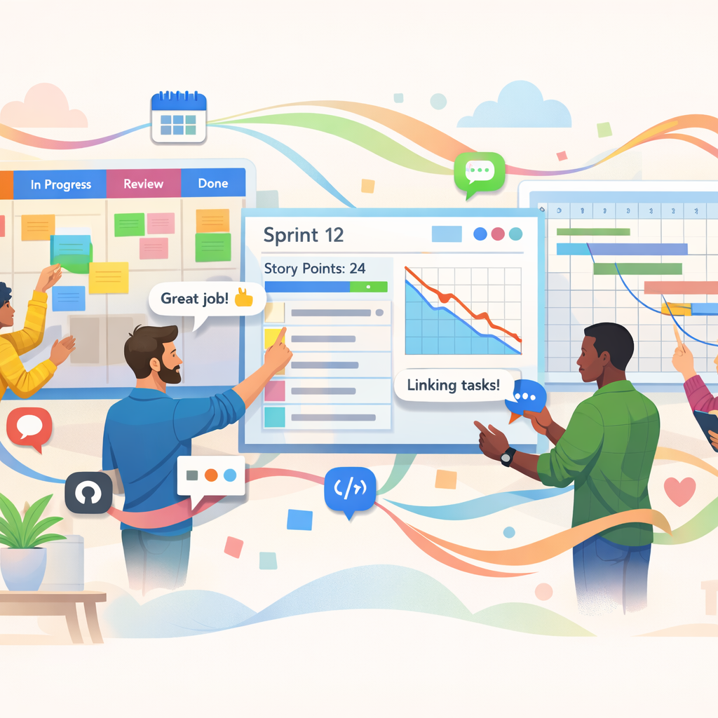 A lively, artistic collage showing a collection of digital project boards floating in a light, airy workspace. Each board is distinct: one with colourful Kanban columns and sticky-like cards, another showing a Scrum sprint board with story points and a burndown graph, and a third displaying a timeline/Gantt view. People of diverse backgrounds casually interact with the boards—dragging cards, adding comments and linking tasks—while subtle ribbons of connectors and icons represent integrations to calendars, code repositories and chat apps. Soft pastel tones, crisp vector art and gentle shadows create a modern, optimistic scene of collaborative productivity.