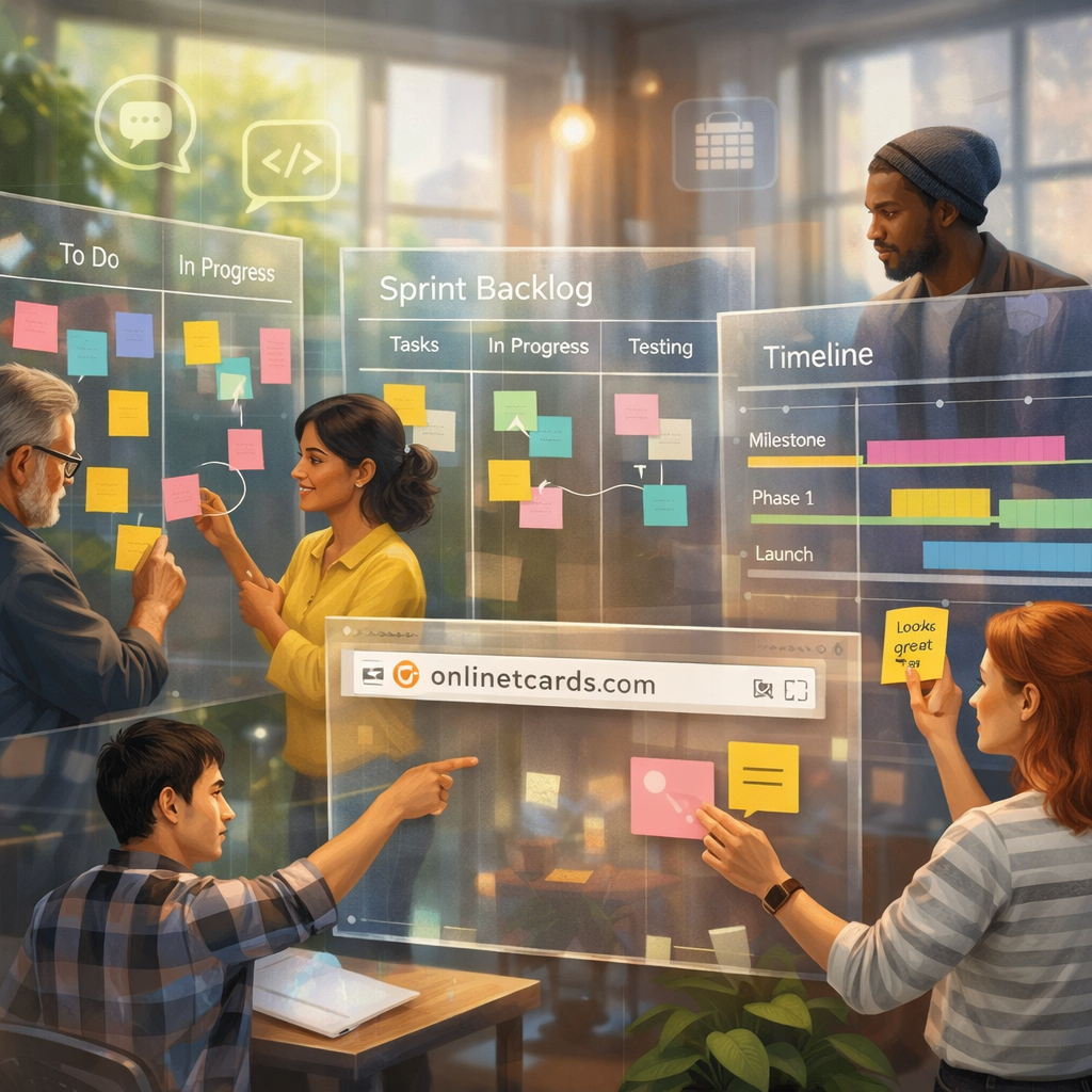 An artistic, high-resolution illustration showing a variety of project management boards floating in a collaborative workspace: colourful Kanban cards, sprint backlogs, and timeline lanes rendered as translucent panels. Diverse team members (different ages, ethnicities and attire) interact with the panels—dragging cards, drawing connectors and leaving comments. Soft natural light filters through a large window, casting gentle reflections on the glass-like boards. Icons for integrations (chat, code, calendar) hover subtly in the background, and a small browser window displays the onlinetcards.com logo to hint at an accessible, modern Favro alternative.