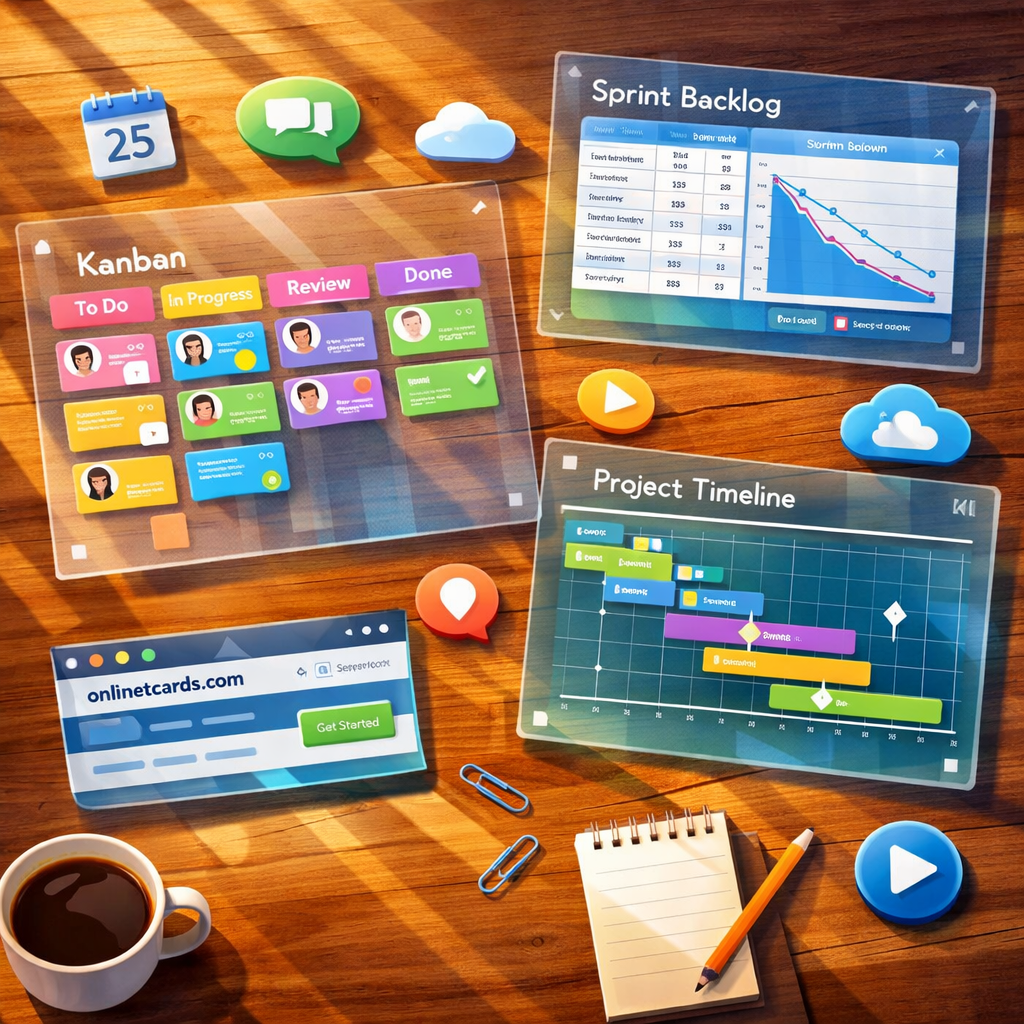 A vibrant, artistic illustration of a modern workspace seen from above: multiple translucent digital boards float over a wooden desk, each board styled differently to represent a distinct Monday alternative. One board shows colourful kanban cards with avatars and labels, another displays a sprint backlog with story points and burndown curve, while a third presents a clean timeline (Gantt) with milestones. Around the boards are subtle branded tokens representing integrations (calendar, chat bubbles, cloud storage icons) and a small browser window showing onlinetcards.com. The colour palette mixes warm wood tones with cool blues and greens, light beams casting soft shadows to suggest clarity and choice.