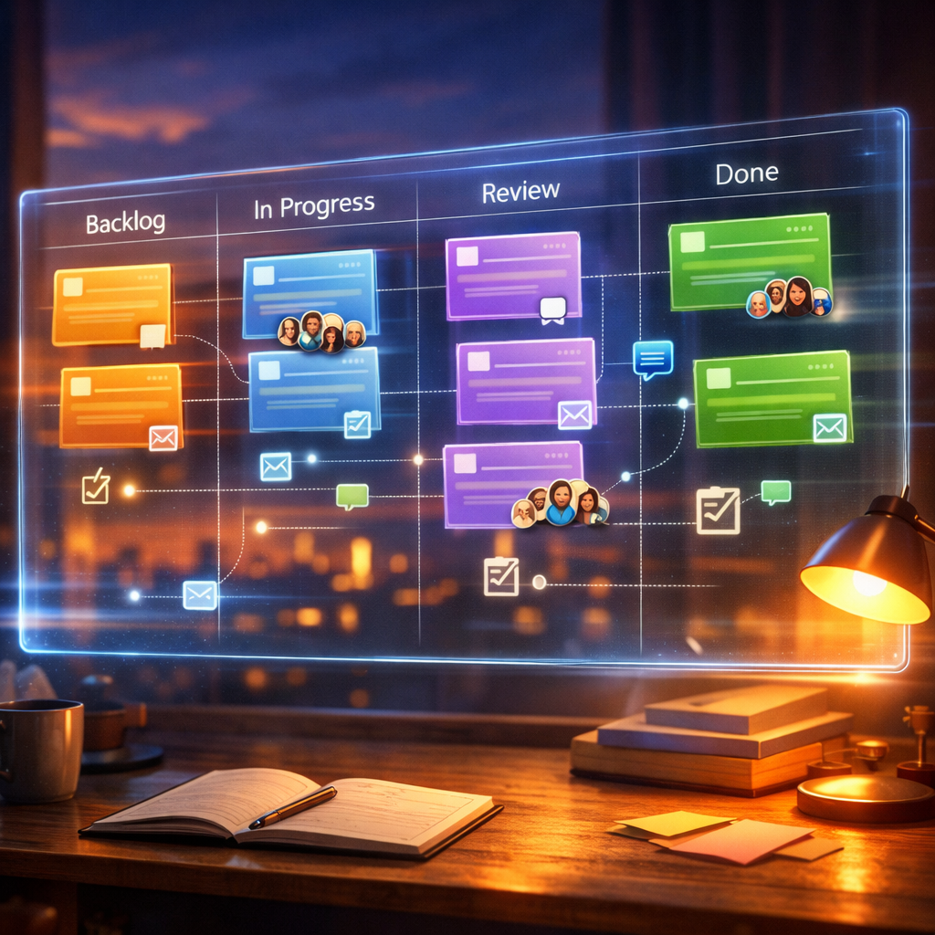 An artistic, high-resolution illustration of a translucent digital board hovering above a wooden desk at dusk. The board displays colourful Online T Cards in kanban columns—Backlog, In Progress, Review, Done—with subtle animations suggested by motion blur. Small avatars cluster around several cards, and faint lines connect cards to icons representing attachments, comments and checklists. Warm lamplight from the desk contrasts with cool blue holographic glow of the board, evoking a blend of traditional planning and modern cloud-based collaboration.