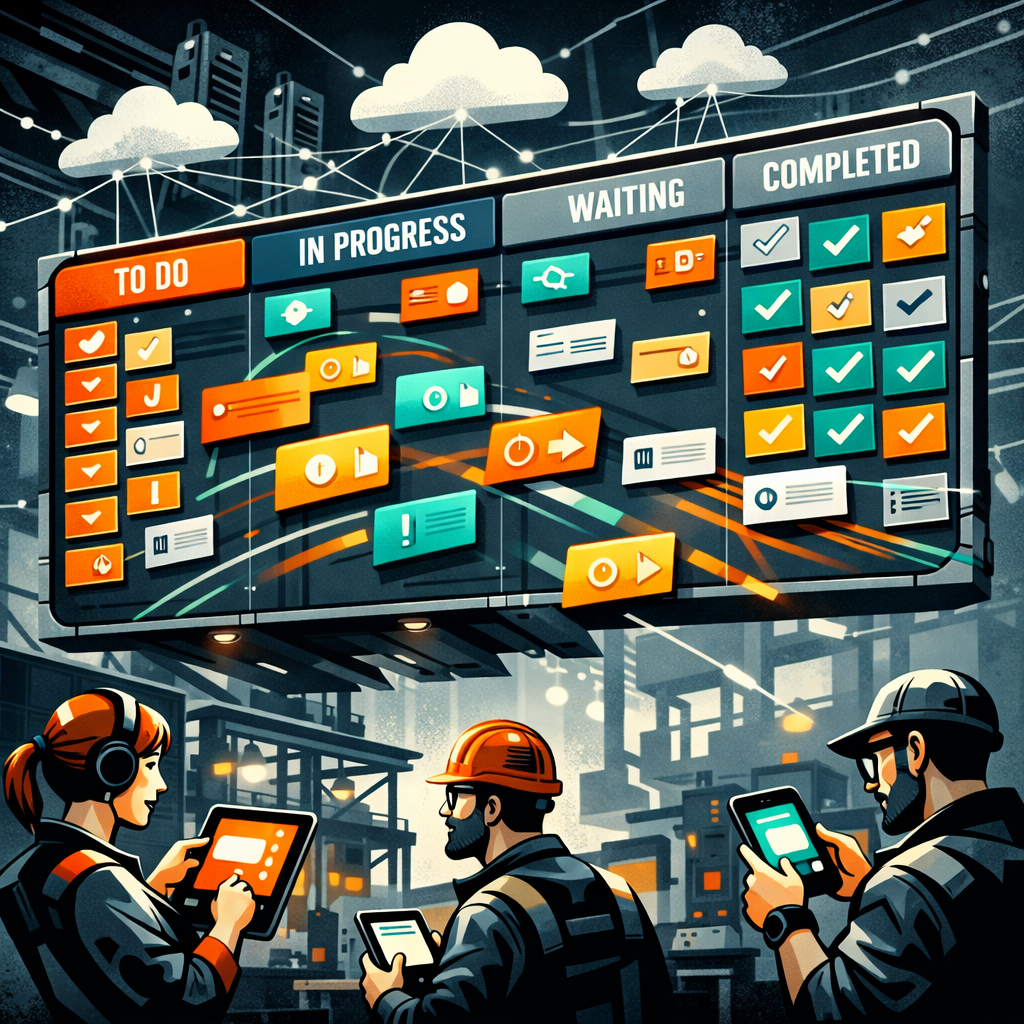 A high‑contrast, artistic digital illustration of a large virtual T board floating above a workshop. Rows of colourful rectangular cards, each with icons for time, priority and attachments, glide between labelled columns (To Do, In Progress, Waiting, Completed). Small animated avatars of workers tap cards on tablets and phones; faint network lines connect the board to cloud servers in the background. The palette balances industrial greys with vivid oranges and teals, conveying clarity, motion and digital transformation.
