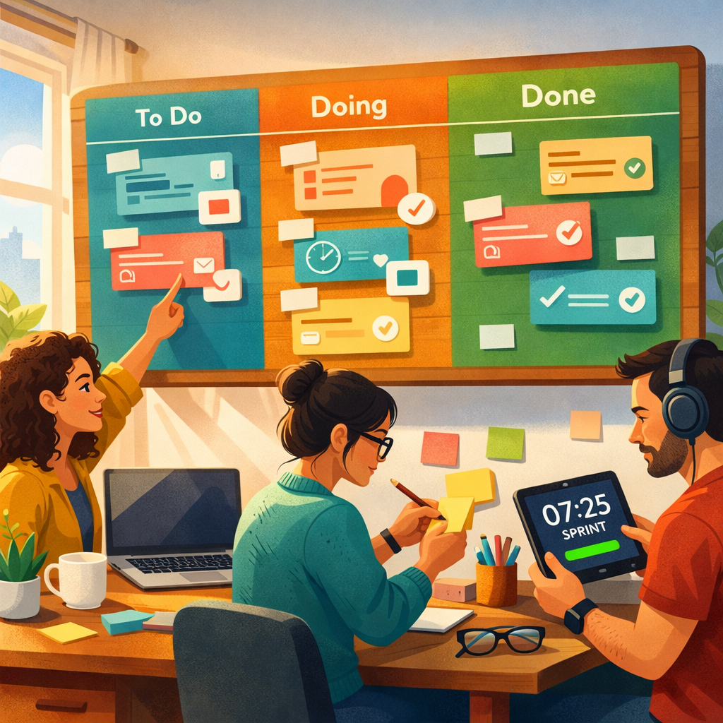 A bright, modern illustration of a desktop workspace where a large colourful Kanban board floats above the desk. The board’s columns—To Do, Doing, Done—are populated with neat, tactile cards in muted shades of teal, coral and ochre. Around the board sit diverse team members casually collaborating: one gestures to a card, another annotates a sticky note, and a third checks a tablet showing a sprint timer. Natural light streams through a window, casting soft shadows and creating a calm, productive atmosphere. Small icons for comments, attachments and due dates are visible on cards, emphasising simplicity and clarity in the workflow.