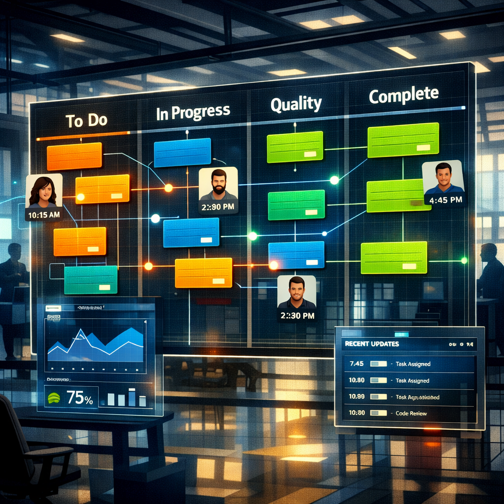 A high‑contrast, artistic digital illustration of a large virtual board floating in a modern control room. Rectangular T‑style cards in bright colours (amber, teal, deep blue and lime) glide between vertical lanes labelled 'To Do', 'In Progress', 'Quality' and 'Complete'. Thin glowing lines connect cards to user avatars and timestamps, and translucent overlays show analytics charts and activity history. The scene combines tactile familiarity of a physical T‑card board with holographic UI elements, conveying collaboration across distributed team members visible through semi‑transparent windows in the background.