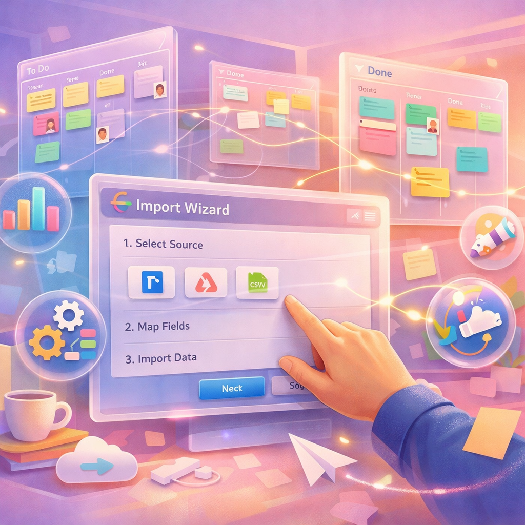 A vivid, artistic illustration of a modern digital workspace: multiple translucent kanban boards float in a soft, pastel-coloured virtual room. Each board is populated with colourful cards, labels and avatars, some cards connected by delicate thread-like lines representing dependencies. In the foreground, a user gestures toward a screen showing an import wizard, while small icons for analytics, automation and integrations orbit the boards. The scene blends the tactile feel of sticky notes with sleek UI elements, evoking choice, movement and seamless migration between project management tools.