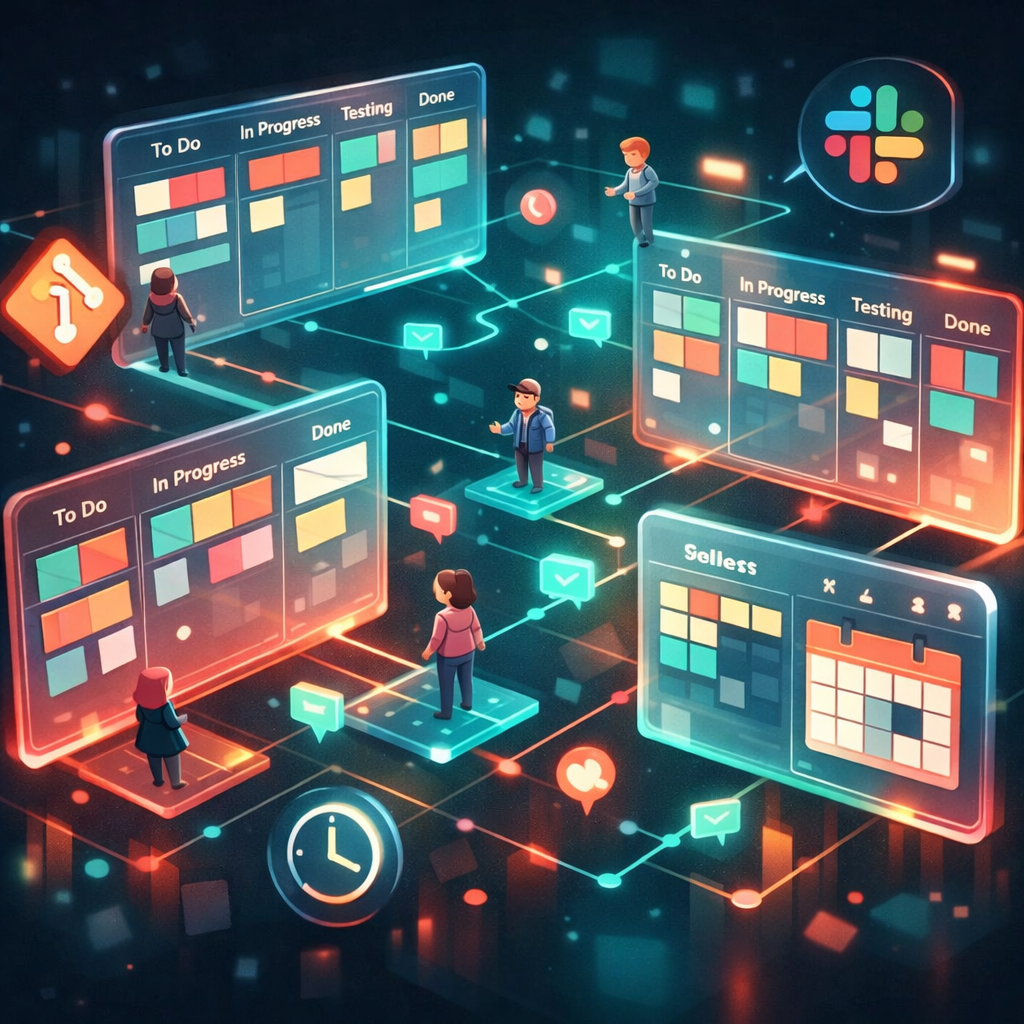 A vibrant digital artwork showing multiple translucent project boards floating in a dark studio space, each board containing colourful kanban cards, sprint lanes and connecting lines. Small avatars drift between boards to represent collaboration; glowing integration icons (Git, Slack, calendar) hover nearby. The palette is teal and coral with soft neon highlights, suggesting productivity and connectivity. The scene conveys a modern, flexible workspace where teams evaluate different project management alternatives to Favro.