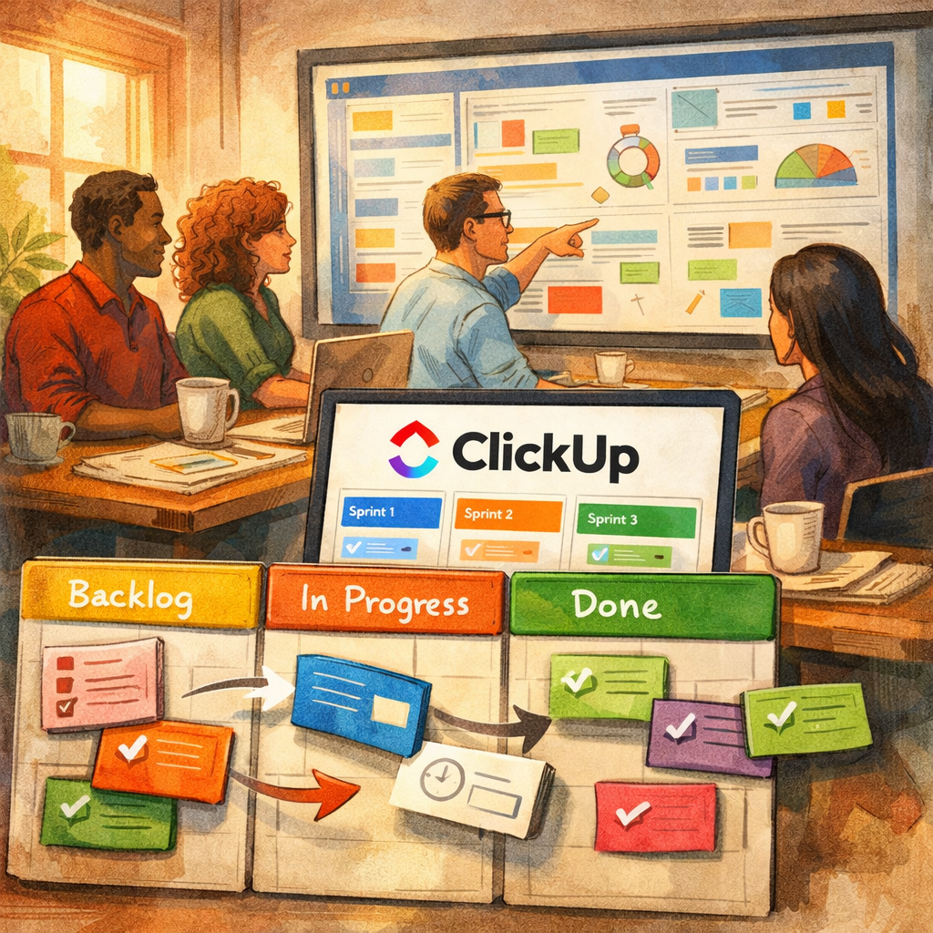 An artistic illustration of a diverse office team gathered around a large digital dashboard showing multiple project boards. The foreground features colourful kanban cards moving between columns labelled 'Backlog', 'In Progress' and 'Done'. In the middle-ground, a laptop screen displays the logo of a Monday alternative site with neat scrum sprint cards. Soft natural light filters through a window, casting warm tones; the scene mixes hand-drawn textures with clean vector UI elements to suggest both creativity and organised workflow.