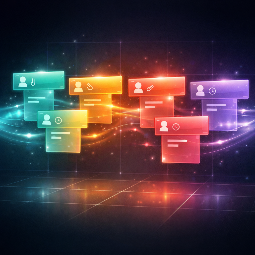 An artistic digital illustration of a luminous, floating Kanban board constructed from translucent T-shaped cards. Each card emits a soft colour — teal, amber, coral, violet — representing different priorities. The cards hover over a dark gradient background with subtle gridlines, connected by faint glowing paths that show movement from left to right. Small avatar icons and tiny paperclip and clock symbols sit on individual cards, suggesting collaboration and metadata. The overall mood is modern and calm, combining analogue card aesthetics with futuristic, cloud-like energy.