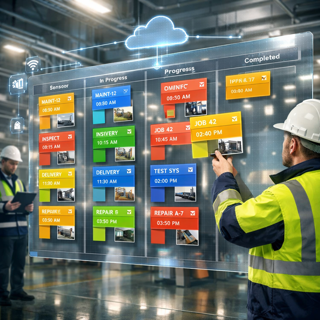 A high-detail digital artwork of a large, semi-transparent touchscreen board floating in a bright, industrial control room. Rows and columns of colourful digital T cards are arranged like a traditional T‑card frame; each card shows short labels, timestamps and tiny thumbnail photos. A technician in high-visibility clothing taps a card, causing it to lift and glide into the next column, while another worker in the background consults the same board on a tablet. Light reflects off metallic surfaces and the screen, emphasising a blend of analogue heritage and modern technology; subtle holographic connectors indicate integrations to sensors and a cloud icon, suggesting synchronisation across sites.