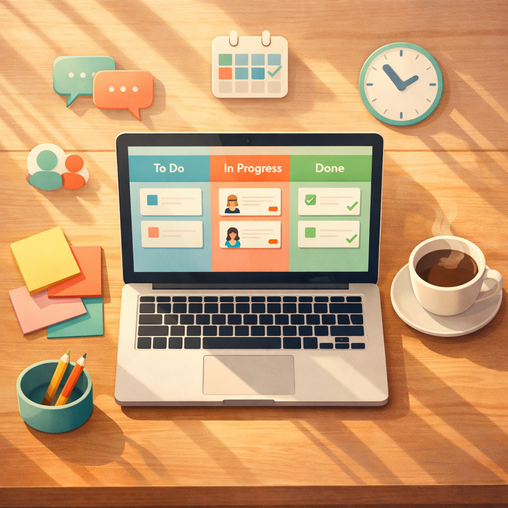 An artistic, high-resolution illustration showing a minimalist workspace viewed from above: a wooden desk with a laptop displaying a colourful kanban board, sticky notes neatly arranged, a cup of coffee, and soft natural light casting long shadows. The screen shows simple columns labelled To Do, In Progress and Done, with a few card thumbnails and avatars. Around the desk float semi-transparent icons representing collaboration—small chat bubbles, calendar, and a clock—conveying efficient teamwork. The colour palette is warm pastels with teal and coral accents, evoking clarity, calm and focus.