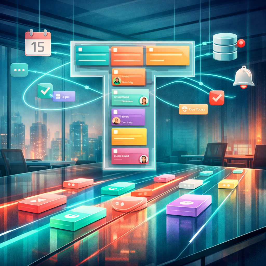 A vibrant, semi-abstract digital artwork showing a large translucent T-shaped board suspended in a sleek office space. Panels of coloured digital cards glide along illuminated lanes, casting soft reflections on a glass table below. Tiny avatars and icons hover near cards indicating users, timestamps and checklists. In the background, a subtle cityscape through floor-to-ceiling windows suggests remote collaboration; fine, neon-blue lines connect the T board to floating widgets representing integrations (calendar, database, notification bell). The overall palette is cool teal and coral, evoking clarity, movement and efficient teamwork.