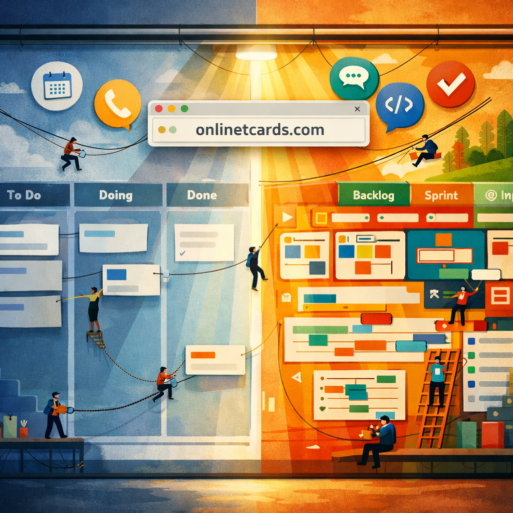 A vivid, artistic illustration of an office wall-sized project board transforming: left side shows a classic Trello-style card board in muted blues and greys with simple columns; the right side morphs into a collage of distinct Trello Alternatives—colourful panels representing kanban, scrum sprint lanes, timelines and nested task trees. Tiny human figures move cards between boards using stylised ropes and pulleys, while floating icons for integrations (calendar, chat, code) orbit above. The palette is bright but professional, with warm oranges and cool teals to suggest energy and calm organisation. Light rays highlight a browser window labelled onlinetcards.com, emphasising accessibility and a smooth transition from one system to another.