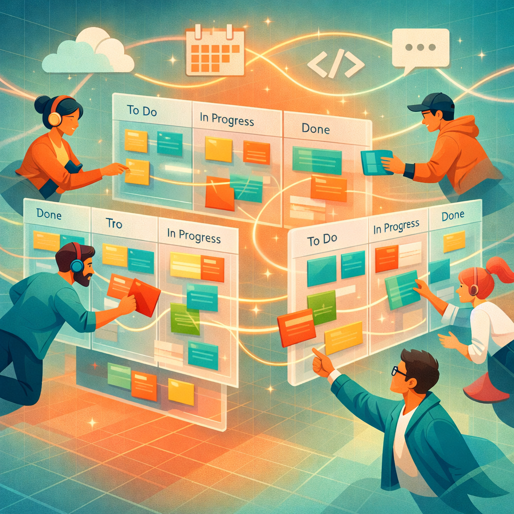A vibrant digital illustration of a collaborative workspace: multiple translucent kanban boards float in mid-air, each populated with colourful task cards. Teams of diverse, stylised figures hover around the boards tapping and dragging cards, with connecting threads showing dependencies. In the background, faint icons represent integrations — a cloud, a calendar, code brackets and a chat bubble — tied together by glowing lines. The palette blends teal, coral and soft gold, evoking energy and clarity, while subtle gridlines and perspective give the scene depth and a contemporary, organised feel.