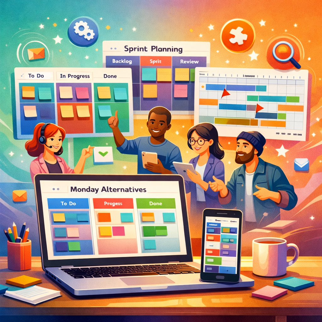 A colourful, artistic digital illustration of multiple project management boards floating above a collaborative workspace: kanban cards in neat columns, a scrum sprint board with sticky notes, a timeline with milestones, and avatars of diverse team members interacting. In the foreground, a laptop displays a clean board interface labelled 'Monday Alternatives', while a mobile phone shows a compact kanban view. Soft gradients of teal, orange and purple give the scene a modern, energetic feel, and small icons for automation, integrations and analytics hover like constellations around the boards.