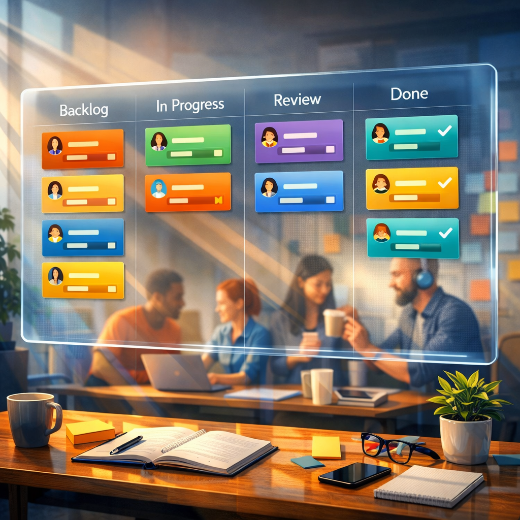 An artistic, high-resolution illustration of a modern workspace with a large translucent digital board floating above a wooden desk. The board displays colourful T-shaped cards arranged in neat columns labelled Backlog, In Progress, Review and Done. Each card shows tiny avatars, tags and progress bars; soft rays of natural light fall across the scene, casting gentle shadows. In the background, diverse team members collaborate over laptops and coffee; sticky-notes, a plant and a notepad add tactile warmth. The palette mixes cool blues and energetic oranges, suggesting clarity, motion and productivity.
