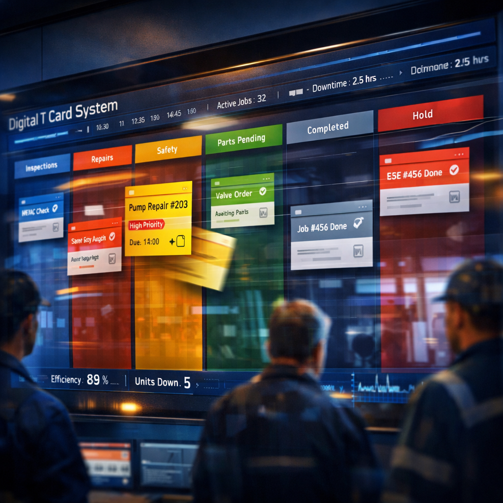 A vivid, artistic depiction of a Digital T Card System dashboard displayed on a large wall-mounted touchscreen in a busy maintenance control room. The image shows multiple colour-coded vertical lanes like a T-card rack, with virtual cards mid-transfer, each card bearing concise metadata and icons for priority and attachments. Reflections of engineers and technicians in the glass hint at collaborative use; subtle holographic overlays display timelines and metrics. The palette is a mix of deep blues and warm accent colours to convey professionalism and real-time urgency, with crisp UI typography and slight motion blur suggesting active, ongoing operations.
