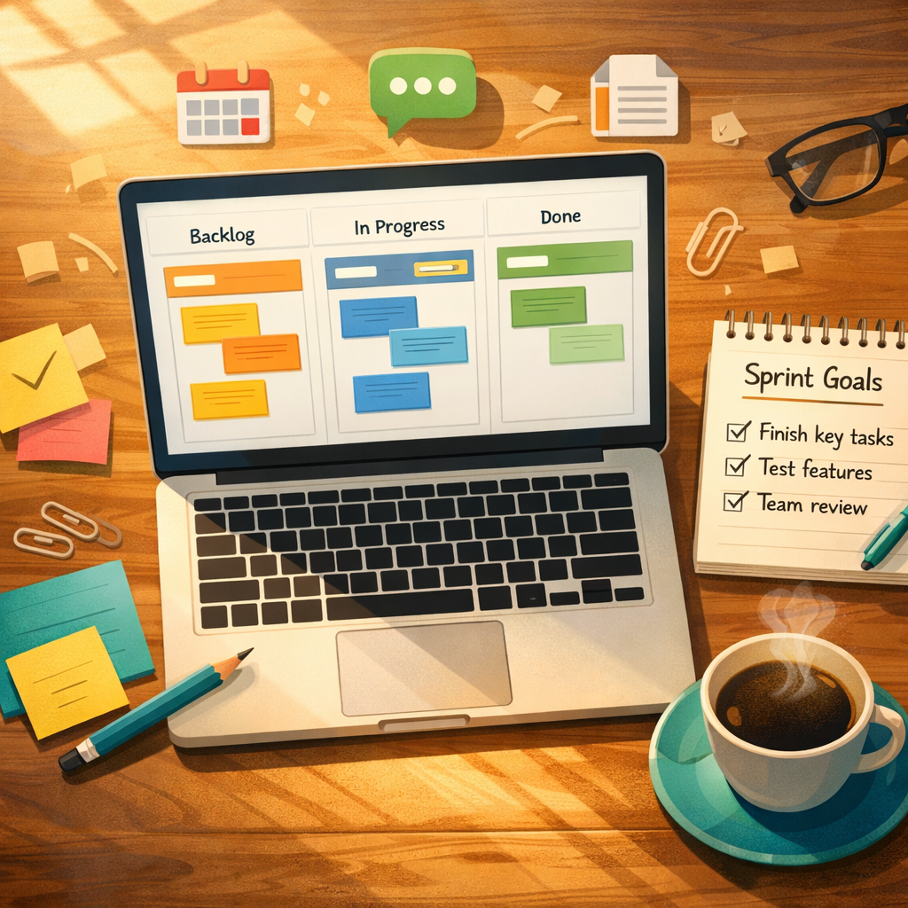 A crisp, artistic illustration of a modern team workspace viewed from above: a wooden table with a laptop displaying a clean Kanban board, colourful digital cards in columns labelled Backlog, In Progress and Done, sticky notes, a notepad with brief sprint goals, and a steaming cup of coffee. Light pours in from a window, casting soft shadows; icons for calendar, chat and file attachments float subtly around the board to suggest simple integrations. The palette is warm with teal and amber accents, evoking calm, order and focused collaboration.