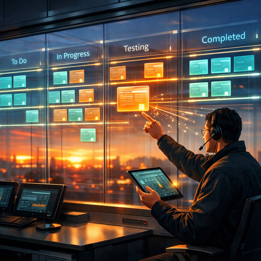 An artistic, high-resolution digital illustration of a modern operations control room at dawn: a wide wall of transparent glass displays showing multiple virtual T card boards in soft teal and amber hues. Each board has neatly organised columns with glowing digital cards moving along luminous rails; a technician gestures to a floating card as subtle lines of metadata stream from it to a tablet. Reflections of a distant sunrise blur against sleek steel and matte-black consoles, conveying the blend of human oversight and elegant software automation.