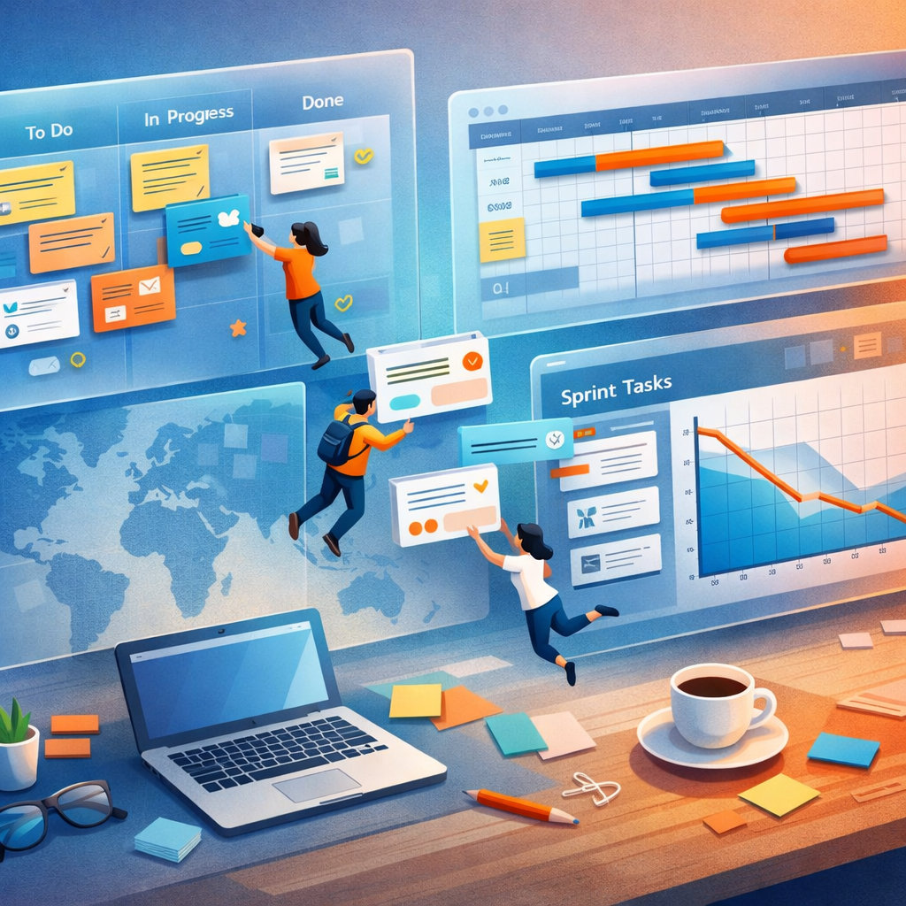 An artistic digital illustration showing a desk from a top-down perspective with multiple colourful project boards floating above it like semi-transparent panes. Each pane represents a different Trello Alternative with unique visual motifs: one with kanban columns and sticky-note cards, another with a timeline and Gantt-style bars, a third with sprint boards and burndown charts. Small human figures hover between the panes, moving cards from one board to another, symbolising migration. The colour palette mixes calm blues and energetic oranges, with subtle gradients and soft shadows to convey depth and modern productivity. Fine details include tiny icons for attachments, comments and automation gears on several cards, and a faint world map watermark in the background emphasising remote collaboration.