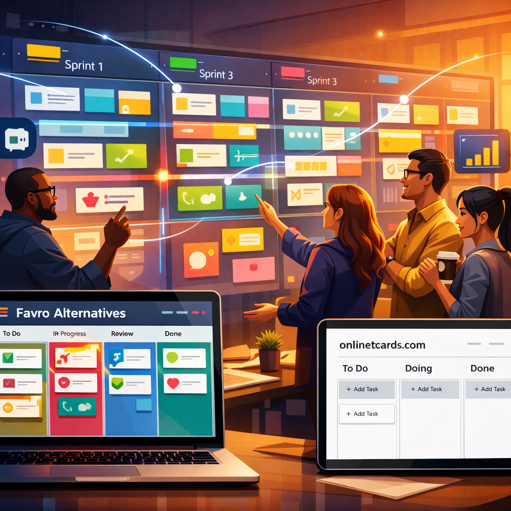 A vibrant digital illustration showing a diverse team around a large virtual wall of project boards. Each board has colourful cards, swimlanes and sprint markers; lines of light connect boards to symbolise integrations. In the foreground, a laptop screen displays a Kanban board labelled 'Favro Alternatives', while a tablet shows the onlinetcards.com interface in a clean minimal style. The overall tone is modern and collaborative, with warm lighting and clear icons representing tasks, comments and analytics.