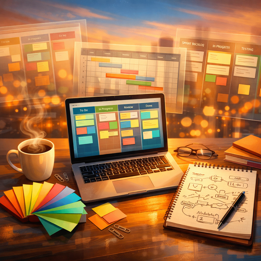 An artistic, high-resolution illustration of a modern office desk viewed from above at golden hour: a laptop displaying multiple colourful kanban cards, sticky notes fanned like a palette, a coffee cup steaming next to a notepad filled with sketched workflows. In the background, translucent overlapping panels show different project management interfaces—kanban, timeline, and sprint board—fading into a soft bokeh cityscape. The palette combines warm ambers and cool teals to evoke clarity and creative productivity, with subtle motion blur suggesting active collaboration.