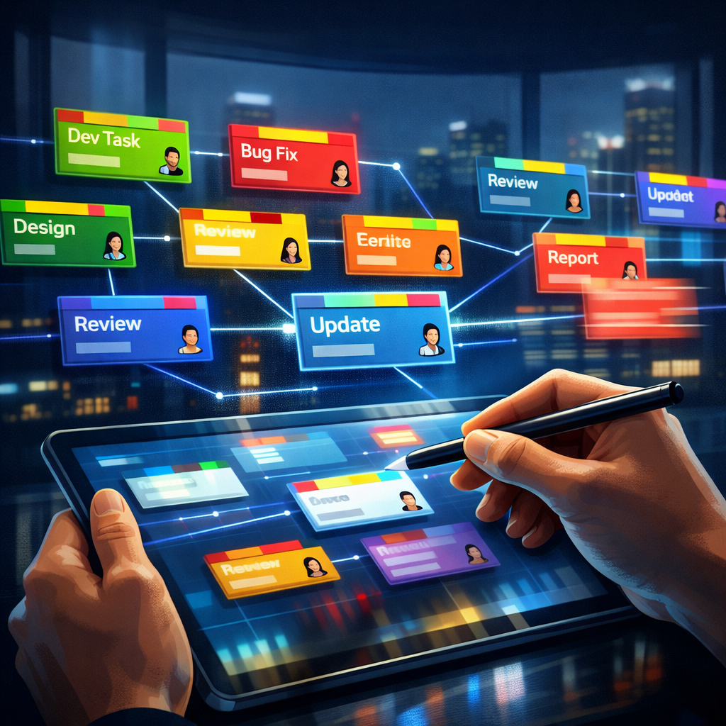 An artistic, high‑contrast digital illustration of an Online T Cards board: rows of colourful rectangular cards floating above a dark blue virtual board, each card showing abbreviated titles, small avatars and priority coloured stripes. Thin glowing lines connect some cards to indicate dependencies, while subtle motion blur suggests cards being dragged. In the foreground, a pair of hands — one holding a stylus — interacts with the board on a translucent tablet; soft ambient light reflects off the screen, and faint, modern cityscape silhouettes are visible through a window behind, implying remote collaboration and a contemporary office setting.