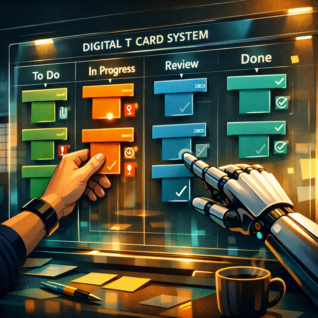An artistic, high‑contrast digital illustration showing a modern workstation with a large transparent screen displaying a Digital T Card System. Rows of colourful, T‑shaped cards glide in columns labelled To Do, In Progress, Review and Done. Hands—both human and robotic—interact with the cards, dragging and tapping; small icons indicate attachments, timers and priorities. Soft light reflects off the screen, and in the background a calendar and a coffee cup hint at real‑world workflow. The overall palette uses teal, amber and slate grey to convey clarity and activity.