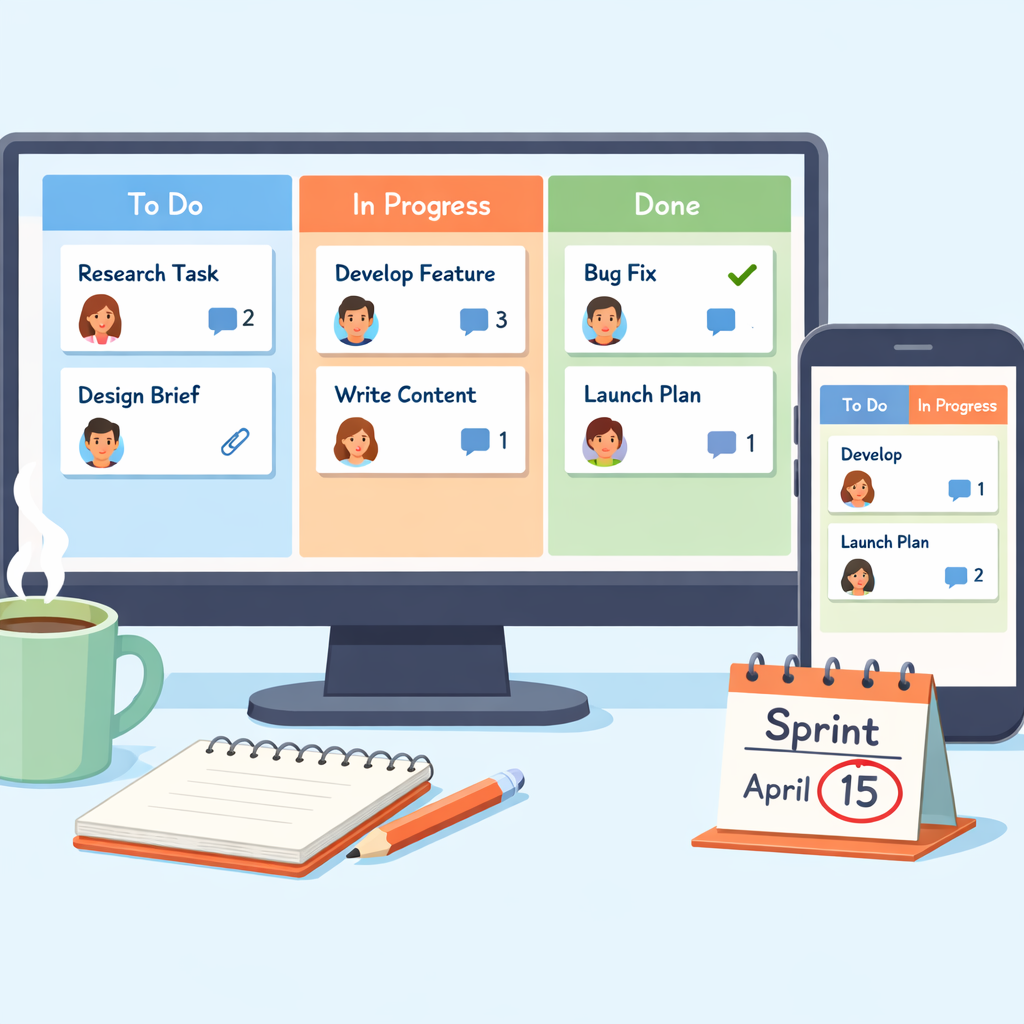 A bright, minimalistic digital illustration showing a desktop and mobile screen side by side. The screens display a colourful Kanban board with three columns (To Do, In Progress, Done), sticky-note style cards with short titles, avatars on task cards and small icons for comments and attachments. Around the screens are simple office elements: a steaming mug, a notepad with a pencil, and a calendar page marked with a sprint date. The colour palette is pastel—soft blues, greens and coral—with clean lines and subtle shadows to convey clarity, speed and low-friction collaboration.