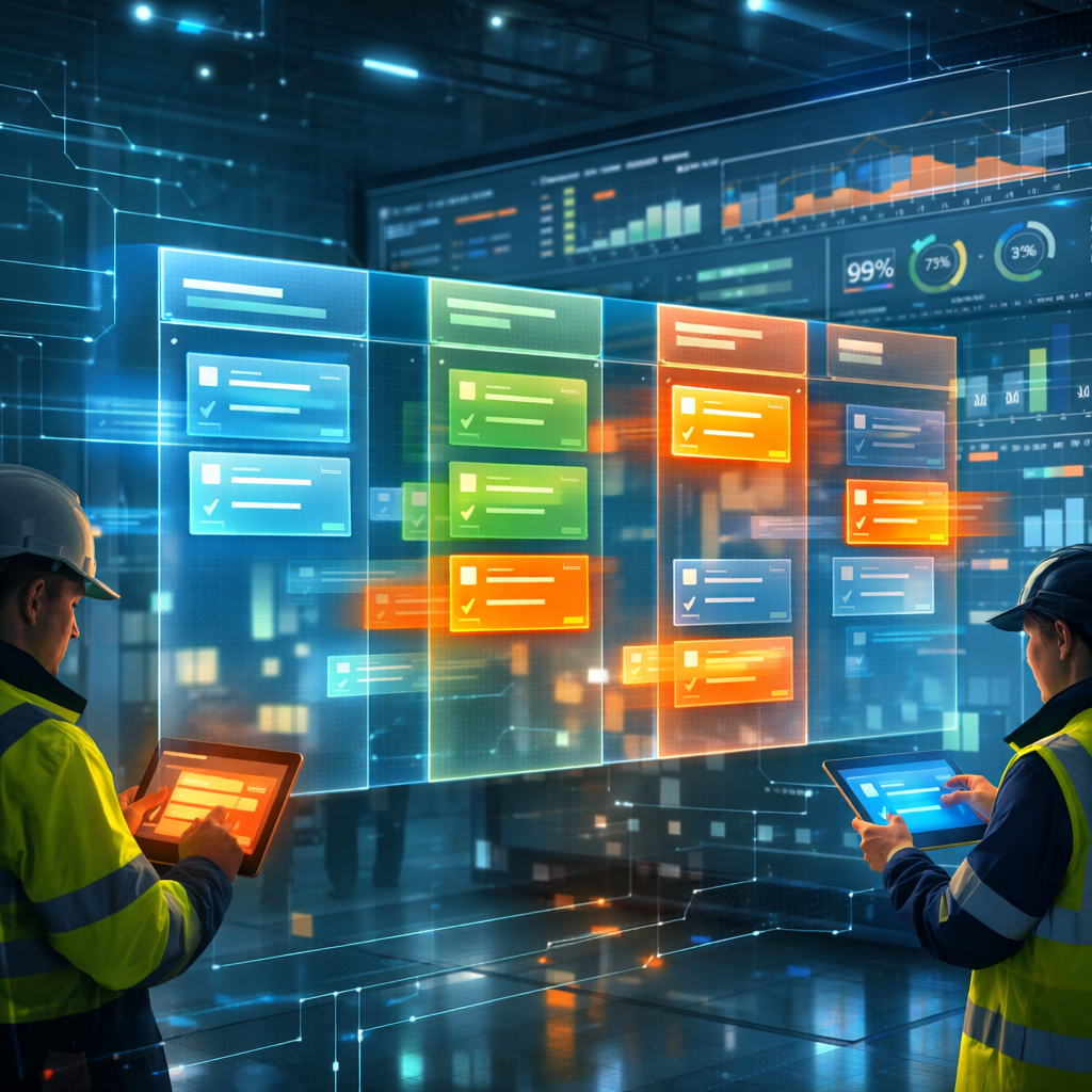 A vivid, artistic scene showing a semi-transparent digital T card board floating in a softly lit industrial control room. Each card glows with distinct colours and subtle motion blur as they move between columns; technicians in hi-vis jackets tap holographic cards on tablets while a large wall display shows aggregated timelines and KPIs. The palette is cool blues and teal with warm orange highlights on active cards, and faint circuit-like patterns overlay the background to evoke data flow and connectivity.