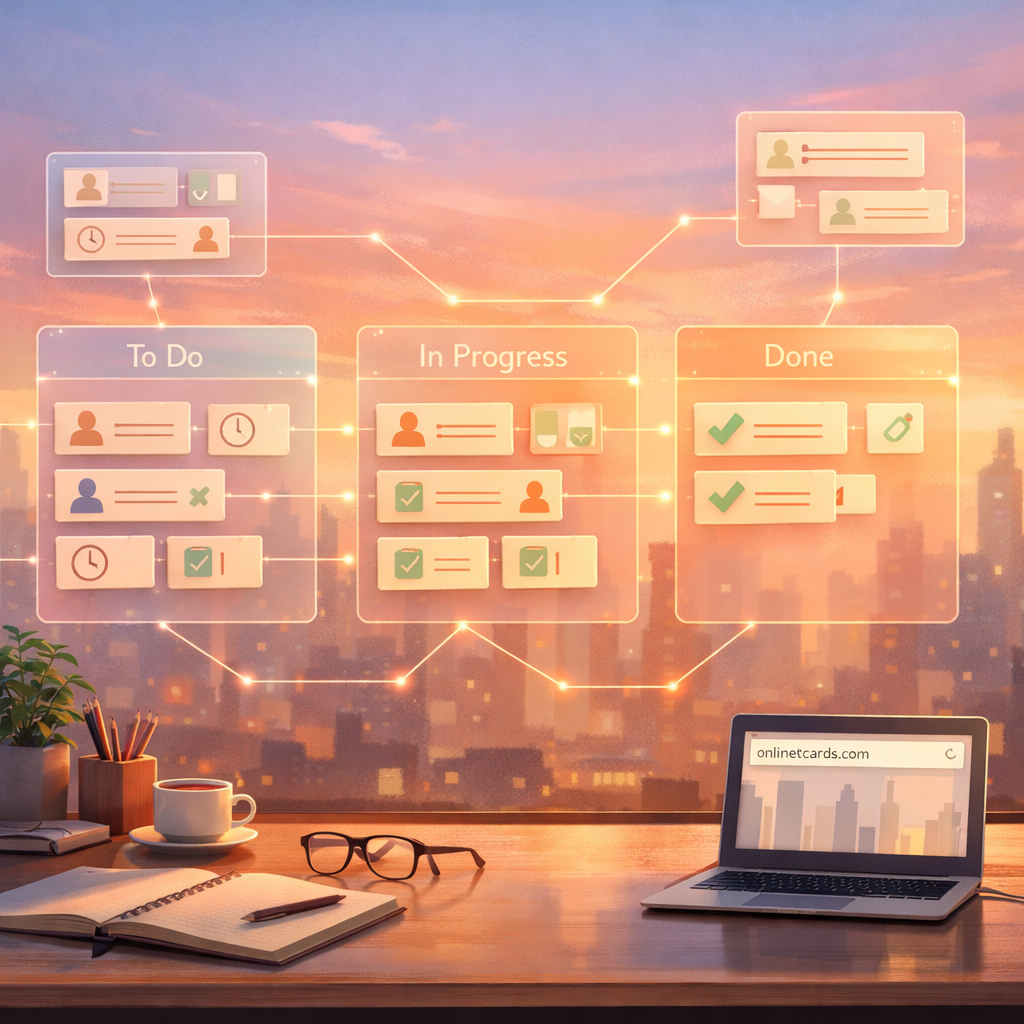 A high-resolution, artistic digital illustration showing an expansive desk populated with semi-transparent floating kanban boards in warm pastel colours. Each board contains stylised cards with tiny icons for users, clocks and checklists. In the background, a soft-focus city skyline at dawn suggests productivity and collaboration. Subtle lines connect boards to depict integrations; a small laptop screen displays the URL 'onlinetcards.com' in the corner. The overall mood is calm, modern and organised, with a hint of creative energy and teamwork.
