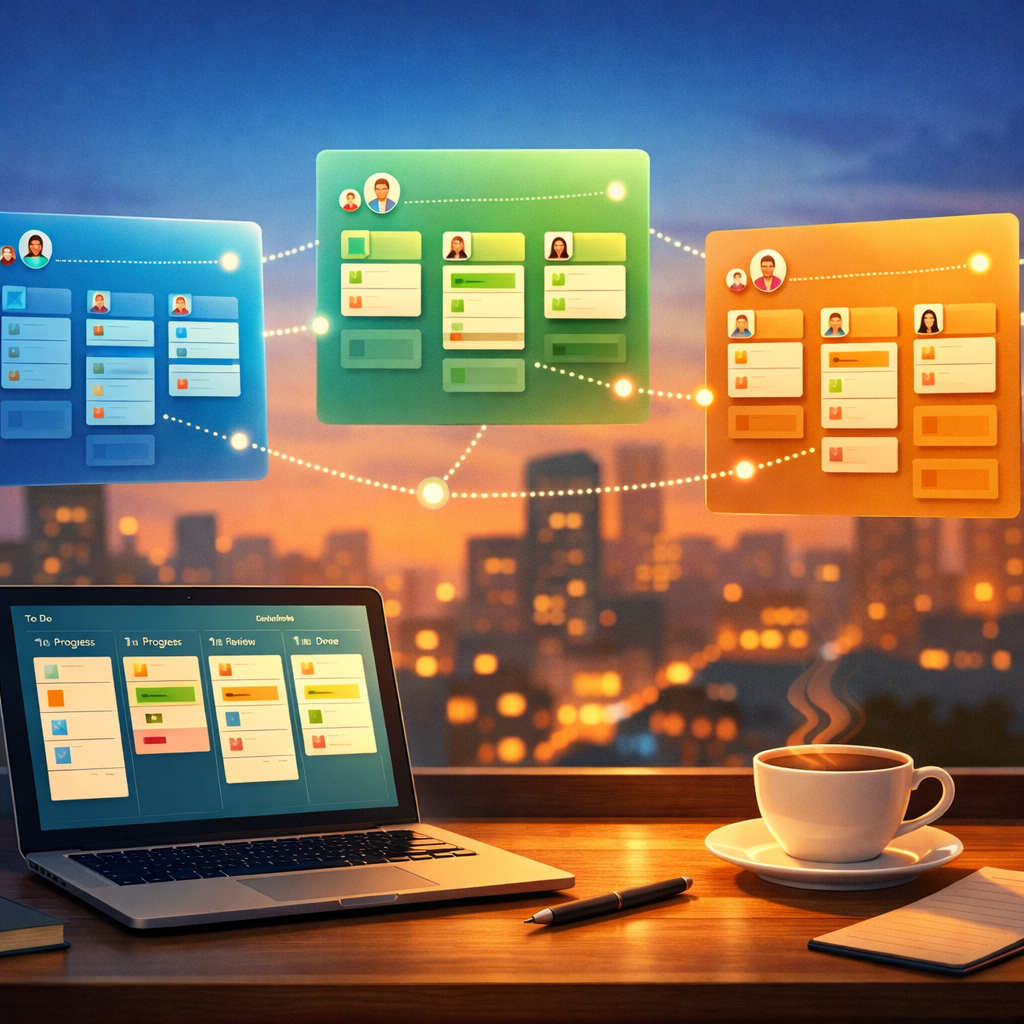 An artistic digital illustration showing a desk with multiple floating translucent project boards in different colours (blue, green, amber). Each board displays card stacks and tiny avatars, with connecting dotted lines indicating integrations. In the background a soft-focus cityscape at dusk suggests scale and collaboration, while foreground elements include a laptop displaying a kanban board and a coffee cup—conveying a modern, productive workspace. The palette is warm with teal highlights and crisp, minimalist iconography.