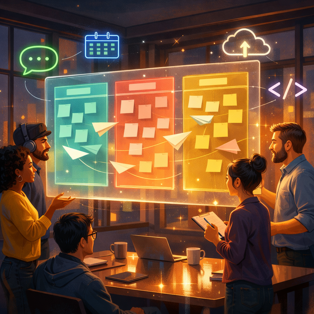 An artistic, high-resolution illustration showing a diverse team clustered around a large translucent digital kanban board suspended in mid-air. Each column glows in soft pastel colours—teal, coral, mustard—with task cards drifting like paper planes between them. Around the board are icons representing integrations: a chat bubble, calendar, cloud storage and a code bracket, rendered as neon filaments. The background is a calm office dusk, with warm window light and subtle reflections on a polished table, conveying collaboration, clarity and choice.