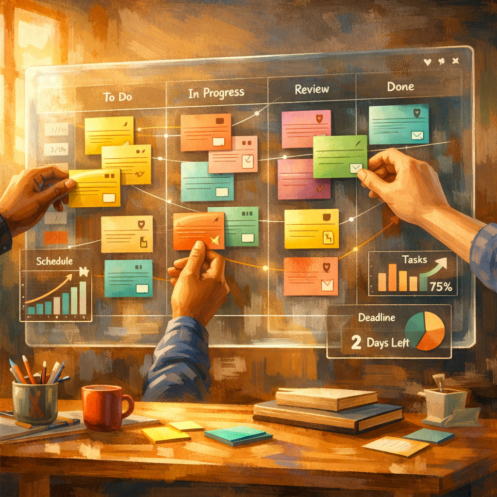 An artistic, high-resolution illustration of a sunlit workspace with a large, translucent digital board floating above a wooden desk. The board displays colourful Online T Cards arranged in neat columns and swimlanes, with subtle icons for comments, attachments and due dates. Hands of diverse team members reach in to move cards; thin beams of light connect cards to small timeline graphs and animated metrics hovering nearby. The palette is warm—amber and teal—with painterly brush strokes blending modern UI elements and traditional paper-card textures, conveying the bridge between analogue T-cards and contemporary digital collaboration.