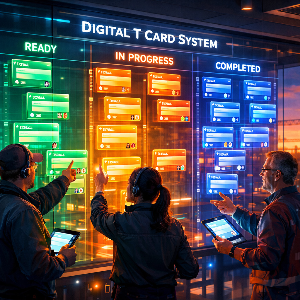 A vivid digital artwork of a bright operations room at dusk, featuring a large glass wall displaying a glowing Digital T Card System interface. Rows of translucent virtual T cards float across colour-coded lanes — emerald green for ‘Ready’, amber for ‘In Progress’, and deep blue for ‘Completed’. Each card shows a bold header, tiny icons for attachments and user avatars, and thin activity timestamps along the edges. Foreground figures — a mixed team of technicians and supervisors — point at the wall and tap tablets; reflections on their faces echo the interface’s soft neon glow. The scene combines industrial practicality with slick, modern UI aesthetics, emphasising clarity, collaboration and motion.