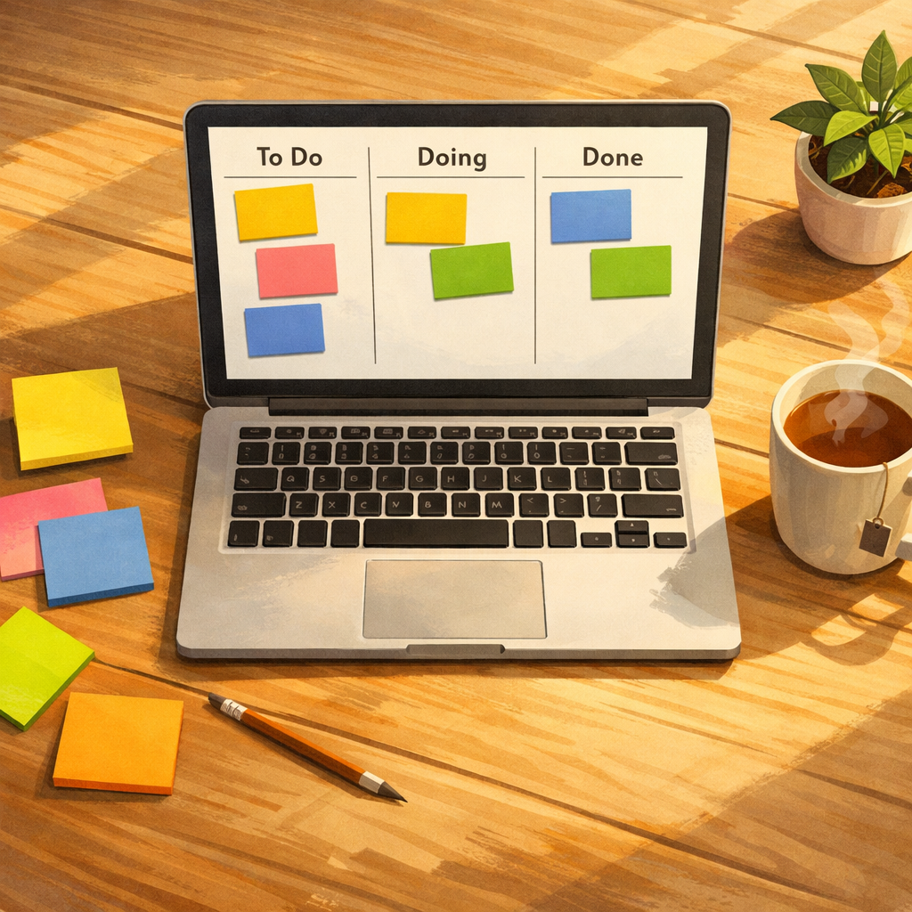 An artistic, wide-angle illustration of a minimalist workspace seen from above: a clean wooden desk with a laptop displaying a simple Kanban board, colourful sticky notes neatly arranged, a steaming mug of tea, and a small potted plant. Warm natural light casts soft shadows across the scene. On the laptop screen the board shows three columns—To Do, Doing, Done—with a few cards moving across; the interface is uncluttered with bold, readable labels. The overall tone is calm and productive, emphasising clarity, focus and low-tech charm combined with a modern digital tool.
